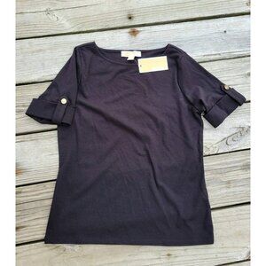 MICHAEL Michael Kors Black Short Sleeve Top Button Sleeve Crew Neck Size S NWT